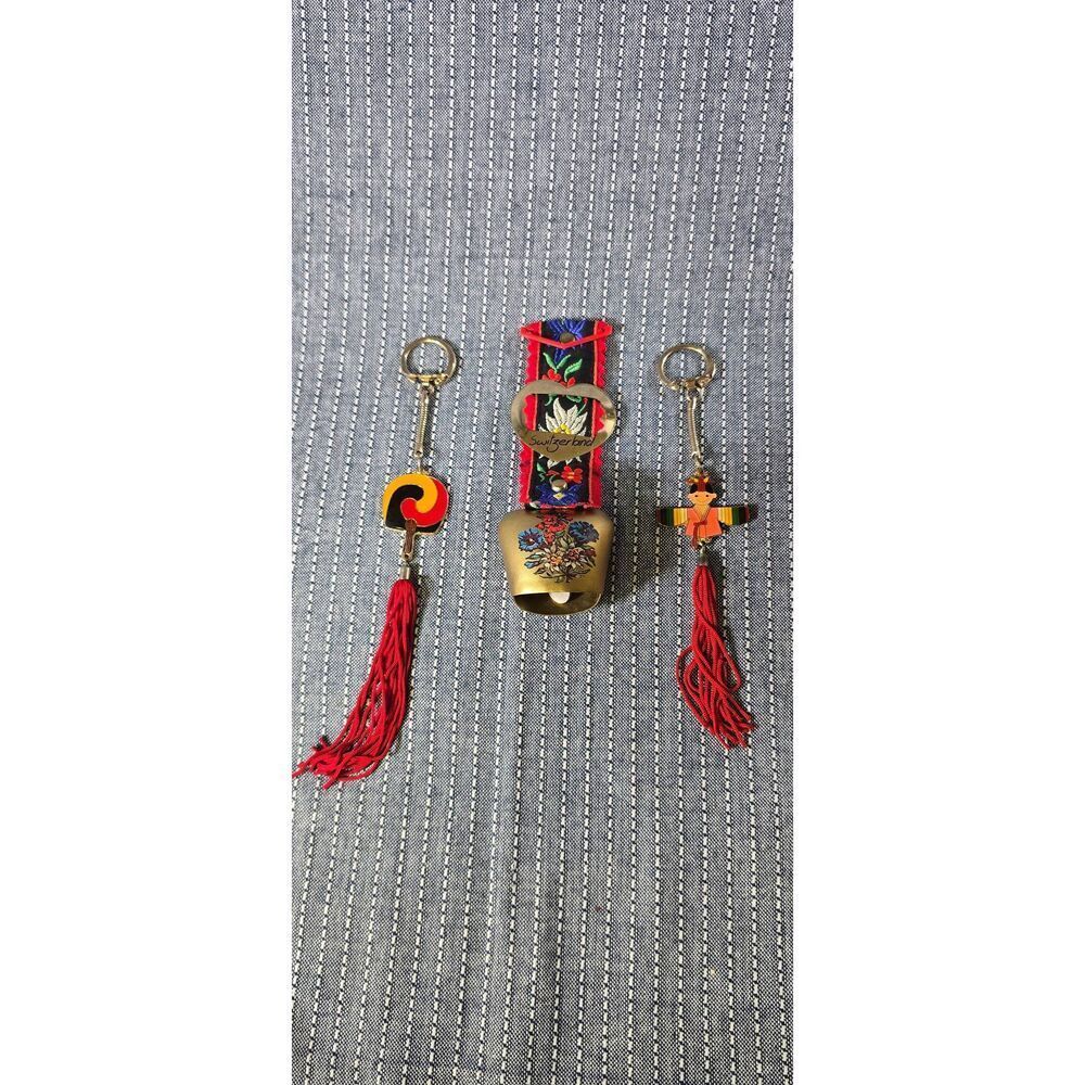 Vintage Swiss Cowbell and Vintage Enamel Asian Korea Keychains